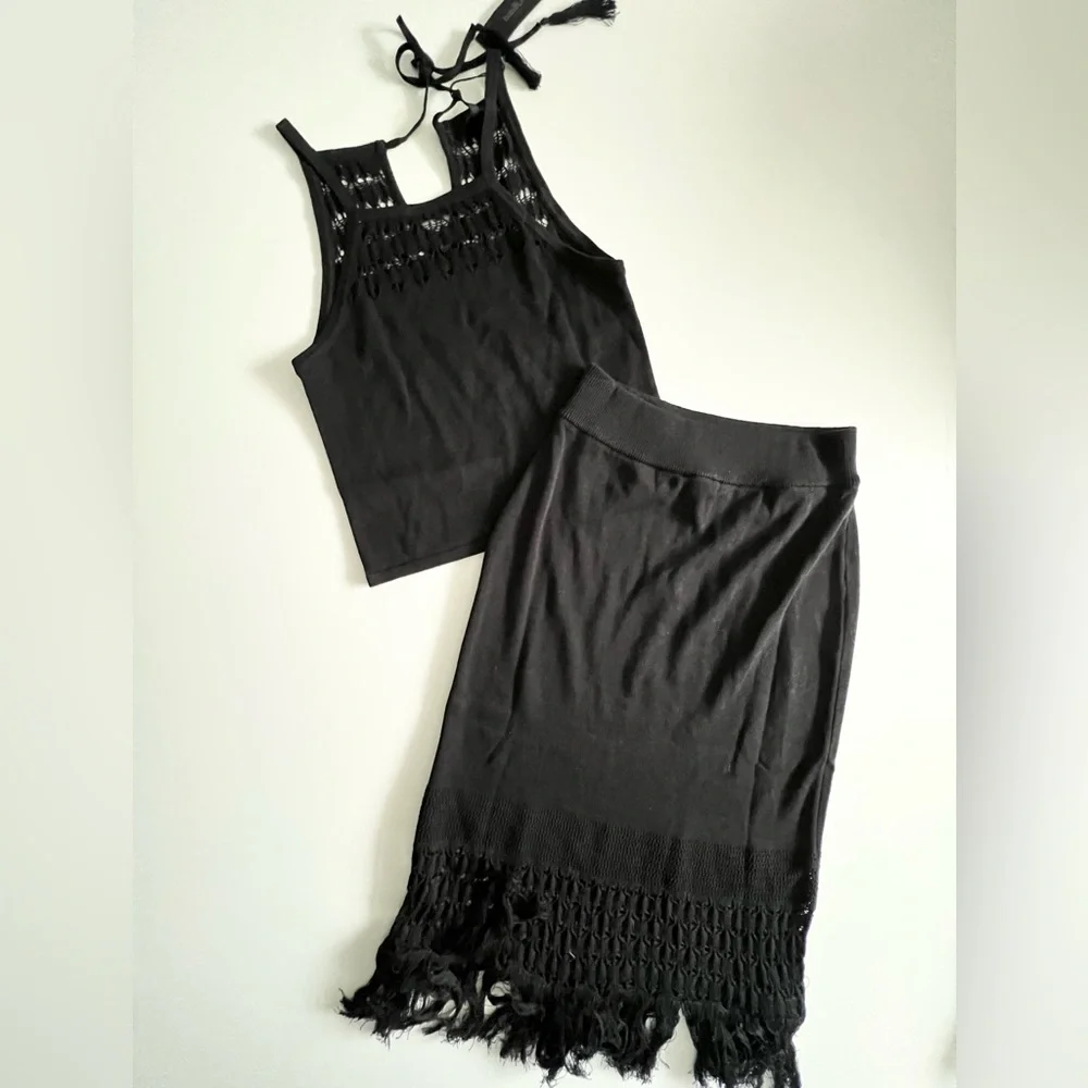 Bobi Black Crochet Two Piece top & midi skirt Set Size M